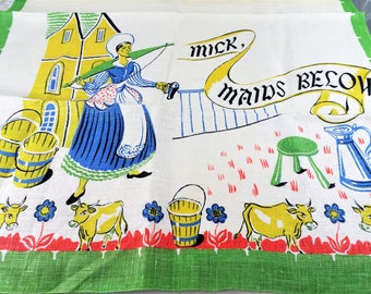 VINTAGE Ierse linnen gedrukte theedoek melkmeisje, koeien, kleurrijke linnen muur opknoping, land Frans, boerderij keuken, vintage beddengoed
