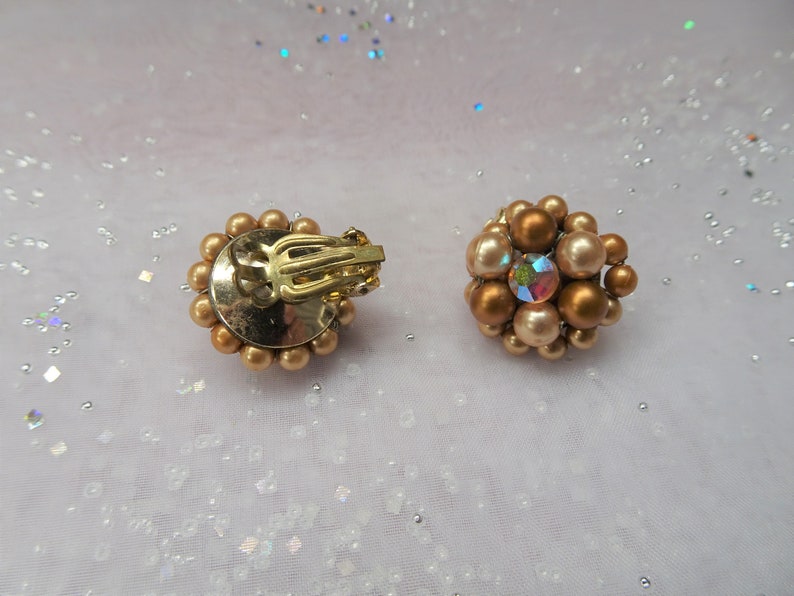 LOVELY 50s Earrings Bronze Pearls and AB Crystal Rhinestones Etsy