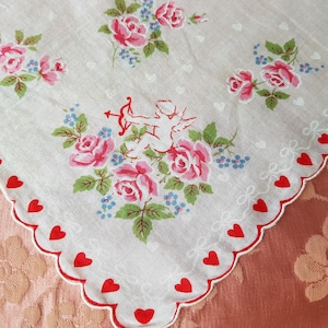 LOVELY Vintage 1950s Valentine Hanky, Cherub Cupid, Pink Roses, Red Hearts, Novelty Handkerchief, Collectible Valentine&#39;s Day Hankies