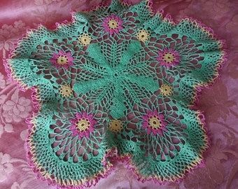 LOVELY Vintage Hand Crochet Doily,Ruffled Edged Doily,Shabby Chic Pink Green Doily,Farmhouse,Cottage Decor, Collectible Vintage Doilies