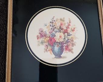 ART DECO ingelijste bloemenprint, omgekeerd geschilderd glas en litho, antieke houten lijst, prachtige kleuren, cottagedecor, decoratief, vintage muurkunst
