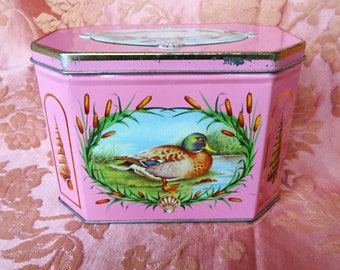 Vintage English PINK Biscuit Tin,Hinged Lid ,Canister Tin,Embossed Swan,Litho Box,Vintage Tin Boxes,Collectible Mid Century Tins