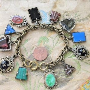 GORGEOUS Art Deco Czech Glass FOB Charm Bracelet 12 Detailed Watch Fobs,Quality 1920s-30s Unique Bracelet,Collectible Czech Glass Jewelry