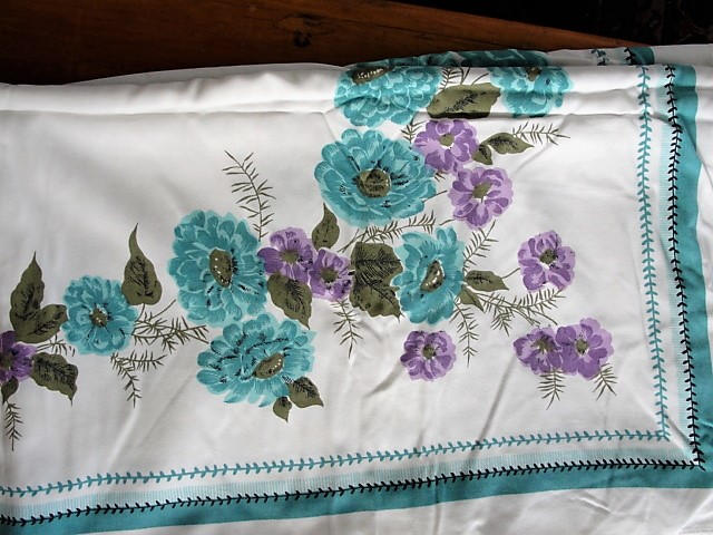 50s MID CENTURY Colorful Printed Tablecloth Blue Purple Flowers 60 by 48 inches Kitchen Tea Table Bridal Showers Collectible