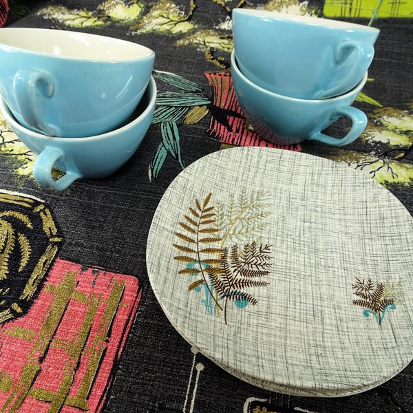 1950s MID CENTURY J&G Meakin Set of Cups and Saucers,Rock Fern Pattern,Square Sol Design Teacups and Saucers,Collectible Mid Century Modern