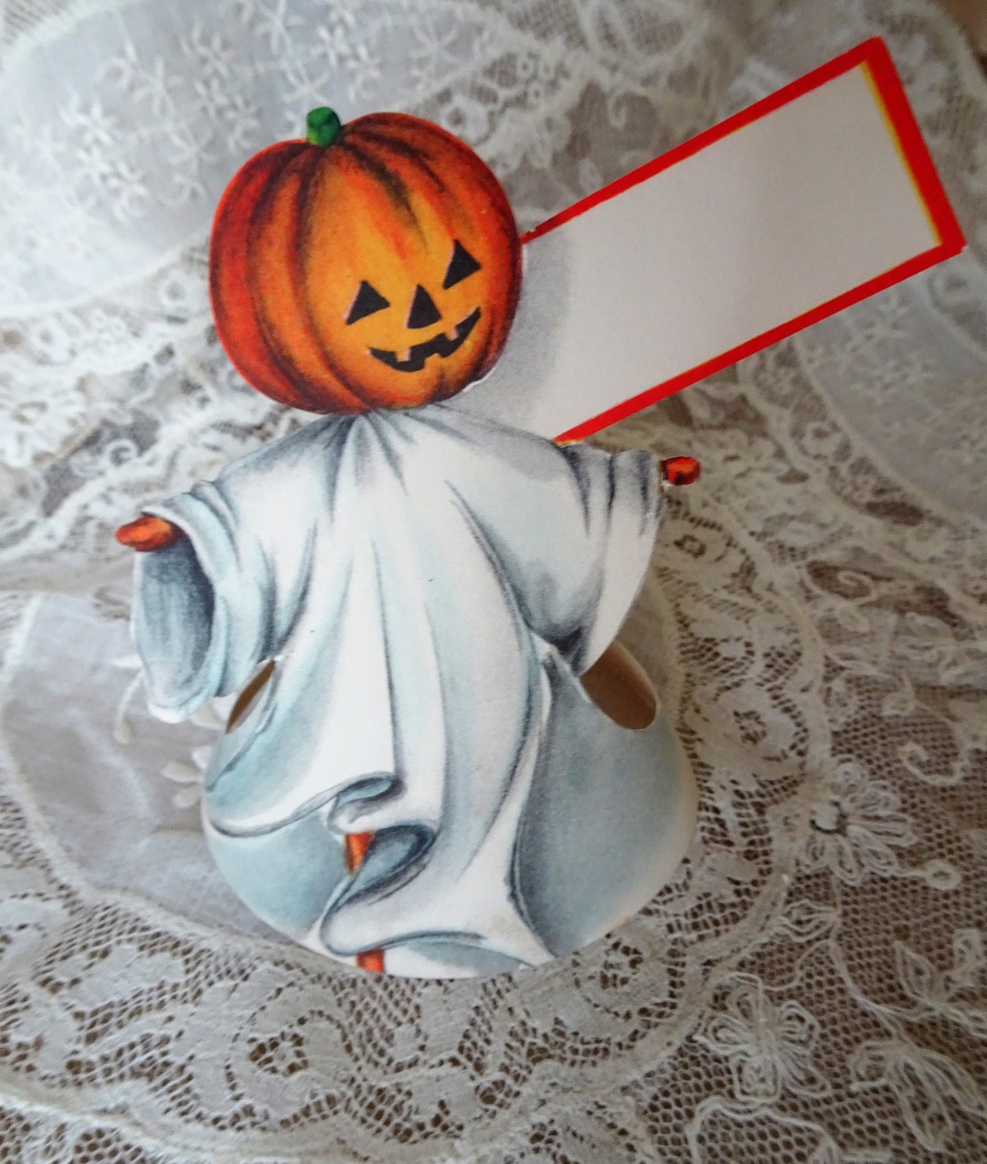 CHARMING Vintage Halloween Place Card, Jack O Lantern Dressed as Ghost ...