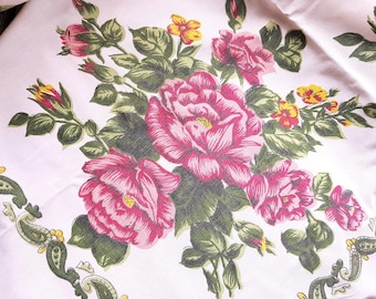 MIDDELEEUWEN Prachtig tafelkleed met bloemenprint, roze roze bloemen, retro keuken, theetafelkleed, huisjedecor, vintage verzamelbare tafelkleden, retro keuken