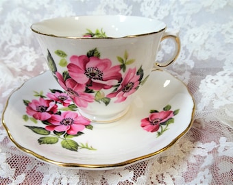 PIĘKNA Royal Vale English Bone China filiżanka i spodek, różowe kwiaty, śliczna filiżanka i spodek na herbatę, kolekcjonerskie zabytkowe filiżanki do herbaty
