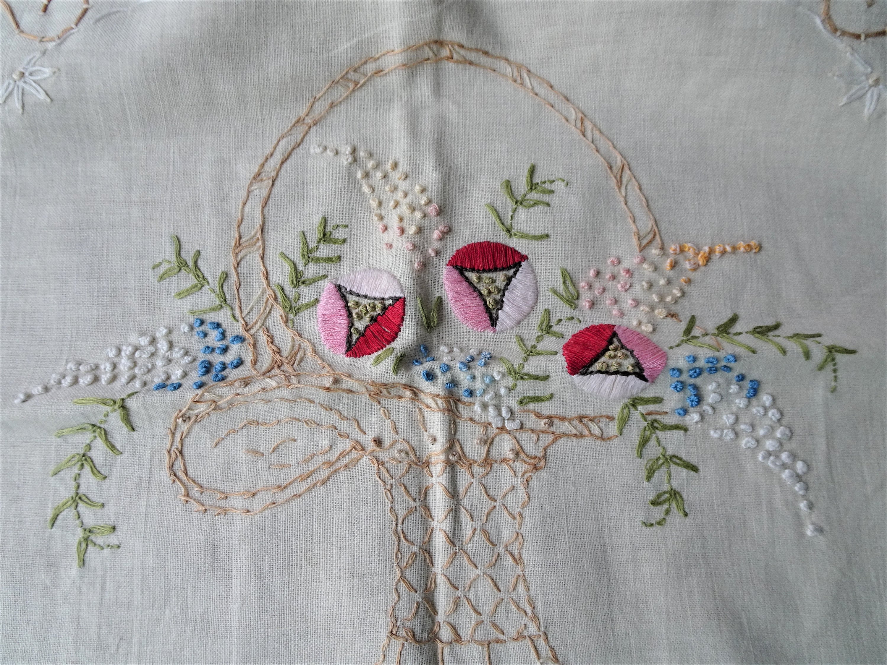 VINTAGE 1910s Kissen Kissenbezug,Kunsthandwerk Ära, gestickte Blumen, natürliche Baumwollstickerei, Bauernhaus,Sammlerbettwäsche,