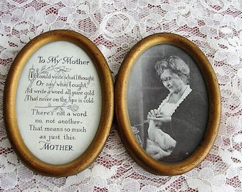 May include: Two oval-shaped gold frames with a white background. The left frame has a poem about a mother printed in black ink. The right frame has a black and white photo of a woman knitting.