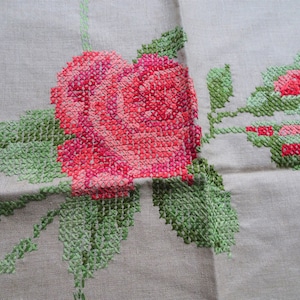 VINTAGE 1910s Pillow Cushion Cover,Arts Crafts Era,Embroidered Roses,Natural Linen Embroidery,French Cottage,Farmhouse,Collectible Linens