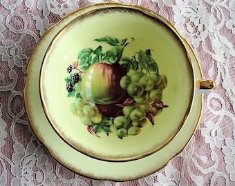 VINTAGE Royal Grafton English Bone China Sumptuous Wide Teacup and Saucer Lush Fruit Motif Pattern Lavish Gold Trim Pedestal Cup and Saucer