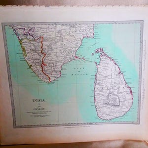 Mapa antiguo de 1831, India y Ceilán, muy detallado, coloreado a mano, sin marco, 16 x 13,5, decoración de pared, decoración de oficina, mapas antiguos coleccionables