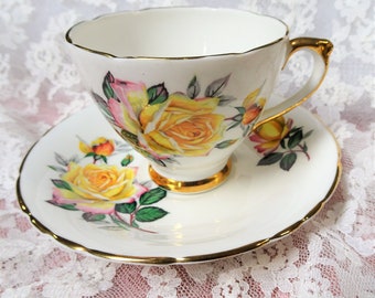 PIĘKNA Royal Trent English Bone China filiżanka i spodek, różowo-żółte róże, śliczna filiżanka i spodek do herbaty, kolekcjonerskie zabytkowe filiżanki do herbaty