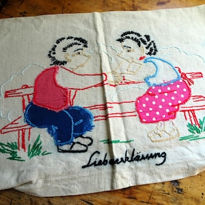 Funda de cojín de lino VINTAGE, personajes de muñecos de erizo Steiff Micki y Mecki, lindo aplique bordado, ropa de cama vintage coleccionable