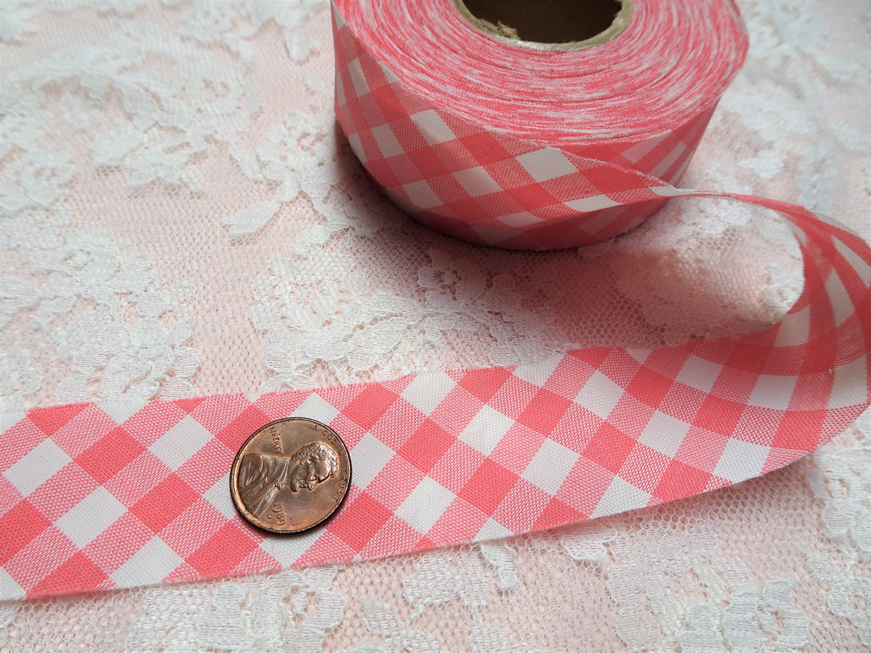 LOVELY Vintage French Pink White Gingham Ribbon Trim Bias Cut