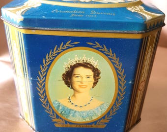 Vintage ROYALTY-blik, Schots grijs en dunn, koekjesblik, kroningssouvenir, koningin Elizabeth II, perfecte theebus, vintage verzamelblikken