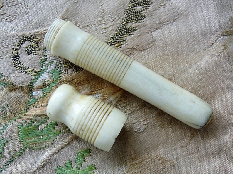 May include: Two white, ribbed, bone-like objects. The larger object is a long, cylindrical tube. The smaller object is a shorter, rounder tube.