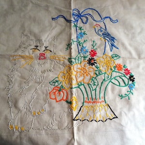 VINTAGE 20s Pillow Cushion Cover,Kitten and Bird,Embroidered Basket of Flowers, Cotton Embroidery, ottage Decor,Farmhouse,Collectible Linens