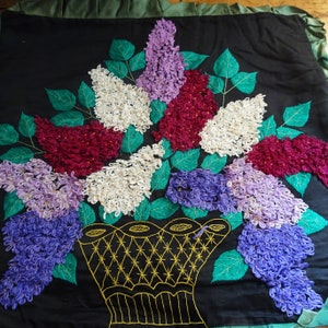 VINTAGE 20s Pillow Cushion Cover,GORGEOUS Embroidered Basket of LILAC Flowers, Cotton Embroidery, Cottage Decor,Farmhouse,Collectible Linens