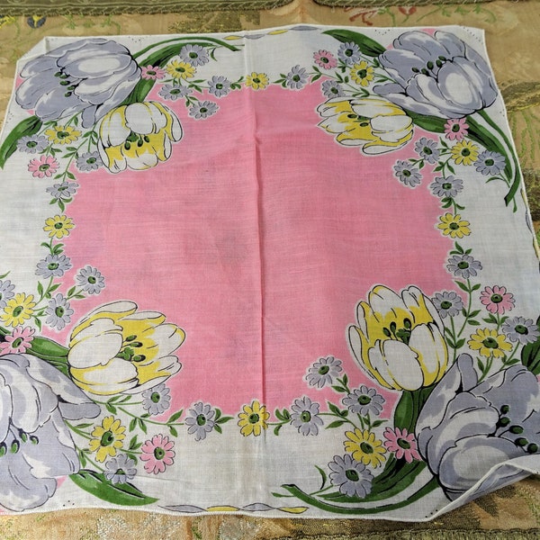 50s VINTAGE Hanky Printed Flowers,Colorful Handkerchief,Frame It Hankie,Collectible Hankies,Shabby Chic,Hankies To Collect