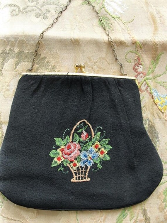 LOVELY Antique Petit Point Purse, Colorful Basket… - image 2