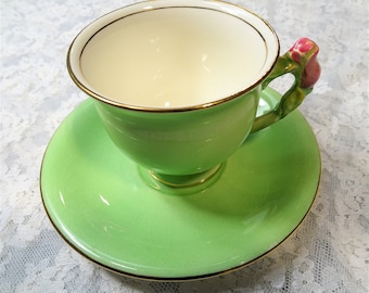 VINTAGE Figural Handle Teacup and Saucer,Royal Winton GrimWades Floral Handle,Pink Roses Handle,Pedestal Cup,Collectible Vintage Teacups