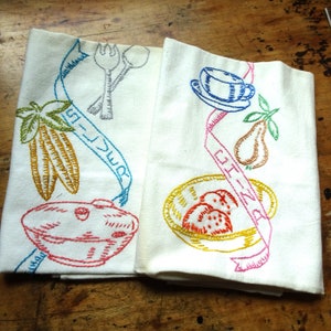 VINTAGE 1920s-30s Kitchen Tea Towels, Embroidered China and Silver Kitchen Cotton Towels, Farmhouse Kitchen Décor, Decorative Vintage Linens