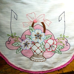 ART DECO Table Centerpiece,Cheerful Basket of Flowers,Lovely Hand Embroidery, Edged In Pink Lace, Cottage Décor, Collectible Vintage Linens