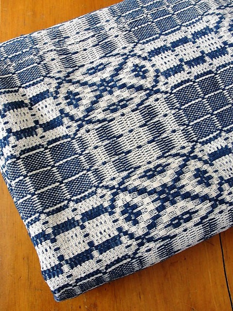 Antique Woven Coverlet Blue Cream Outstanding Condition Etsy