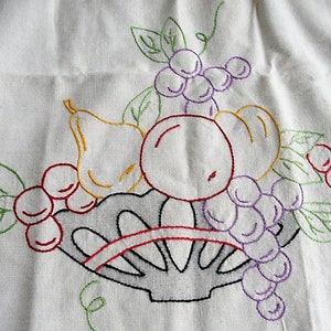 May include: Embroidered white fabric with a design of a fruit basket filled with pears, grapes, and cherries. The basket is gray with a red rim and the fruit is outlined in yellow, purple, and red thread.