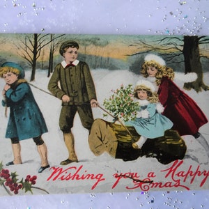 SWEET Antique 1909 Christmas Card,Sweet Children, Xmas Tree, Postcard, Holiday Cards, Collectible Vintage Postcards