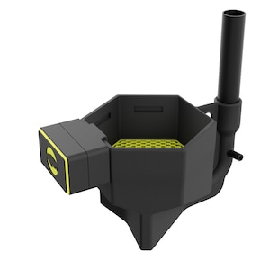 Könnte beinhalten: Ein schwarzes, geometrisch geformtes Gerät mit gelbem Akzent. Das Gerät hat einen sechseckigen Körper mit gelbem Wabenmuster im Inneren. Ein schwarzes Rohr erstreckt sich nach oben und ein kleineres Rohr ragt aus der Basis heraus.