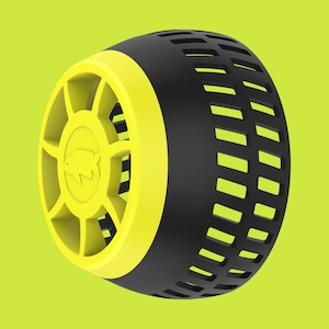 May include: A black and yellow cylindrical object with a fish logo. The object has a yellow circular end with a fish logo and a black, slotted body. The background is a solid, light green color.