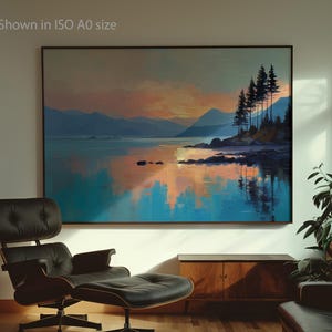 Poster Paesaggio Lago – Dipinto a Olio Lago di Montagna Calmo con Alberi e Riflesso, Natura Astratta Blu Arancio, Poster Senza Cornice