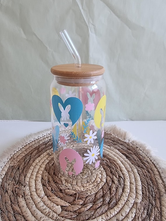Drinking glass with rabbit motif | Glass with bamboo lid and glass straw | Mug | Iced coffee - or as a water glass | Gift idea