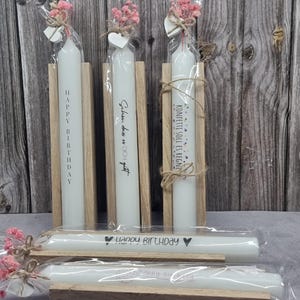Taper candles with saying in a wooden box | Small thank you candle | Birthday candle | Candle gift idea | Guest gift