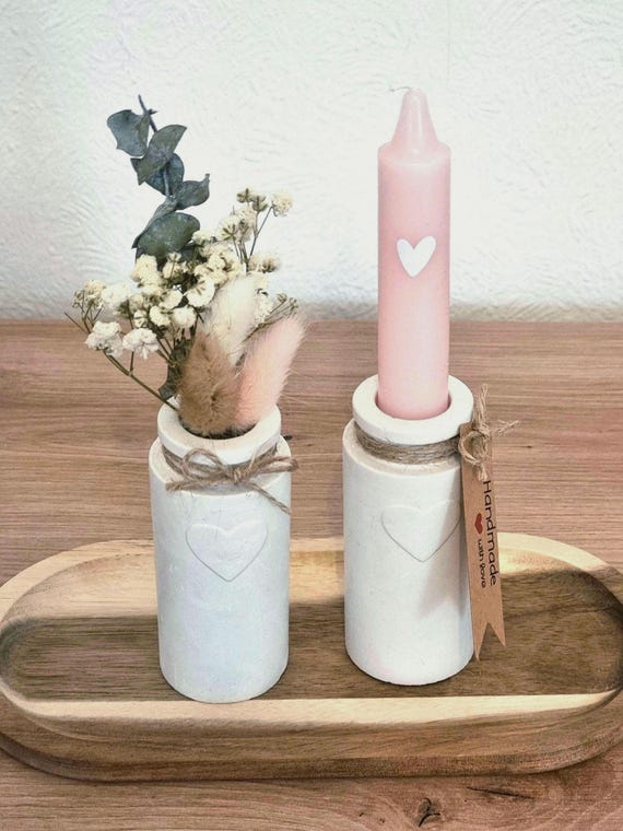 Heart candlestick & vase set | Boho decoration white with dried flowers | Modern gift idea for the home | White candlestick