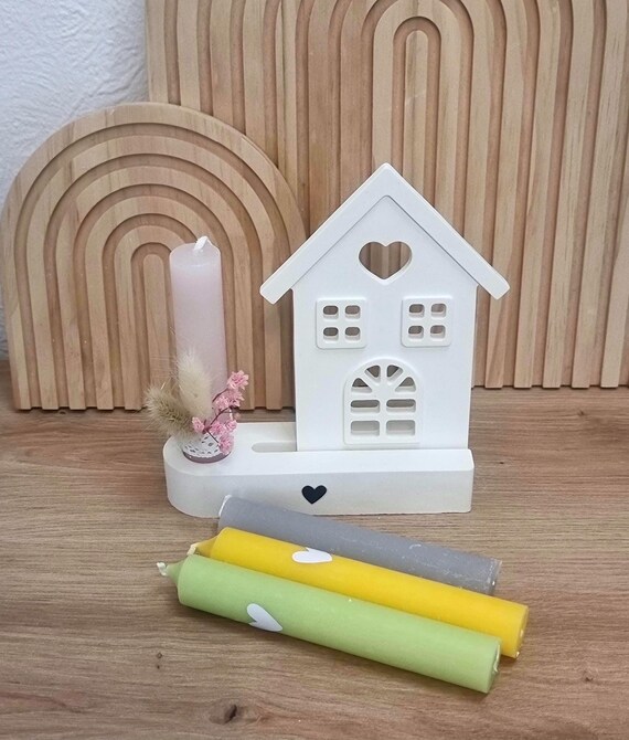 Keraflott White Candle Holder with House Insert & Candle | Cozy Decoration Set | Candlestick with Interchangeable Insert | Gift