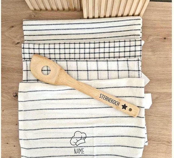 Personalized kitchen gift set "Star Chef" | Engraved wooden spoon & tea towel | Birthday housewarming gift