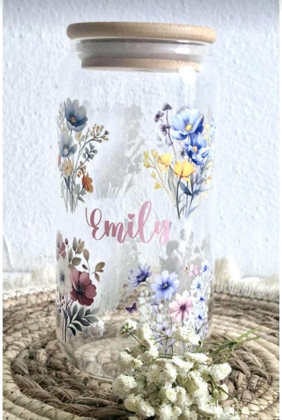 Personalized Flower Drinking Glass | Iced Coffee Glass with Name | Bamboo Lid & Glass Straw | Gift Idea