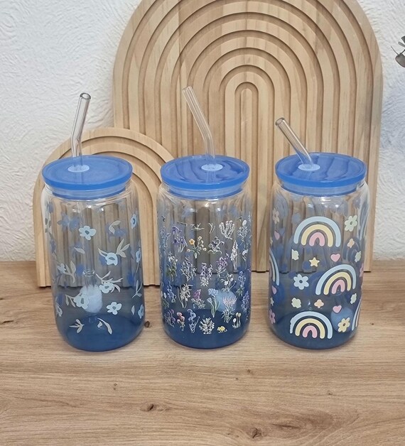 B-Stock: Summery drinking glasses with flower and rainbow motif | 500ml glass with blue lid and glass straw | Gift idea