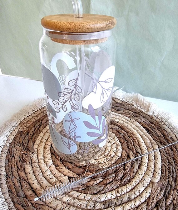 Drinking glass with bamboo lid and glass straw with boho motif | Iced coffee glass & water glass | Birthday gift idea
