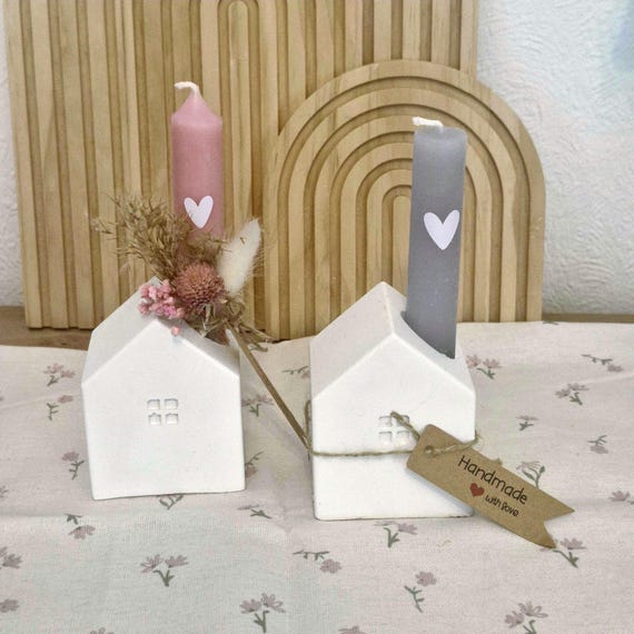 Keraflott Candle Holder House Set | White Light Houses 8 cm for Taper Candles 2.2 cm | Scandinavian Decoration Gift Idea | Modern Gift for Her