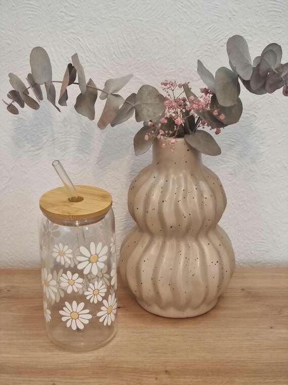 Drinking glass with bamboo lid & glass straw | Magariten | Iced coffee glass | Summer JGA wedding gift | Flower motif