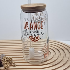 Aperol Trinkglas mit Bambusdeckel und Glasstrohhalm | Aperol Spritz Glas | Cocktail Glas mit Deckel | Sommer Geschenkidee | Bierdose Glas