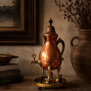 Op de afbeelding: Een gepolijste koperen theepot met een zwarte knop en messing details. De pot staat op een messing standaard met kleine zwarte wielen. Een vaas met gedroogde bloemen staat op de achtergrond. Boeken en een kleine kom zijn ook zichtbaar.