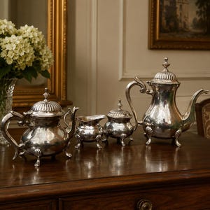 Vintage Silver Plated Coffee & Tea Service, 4 Piece Versilbert Set, European Table Decor