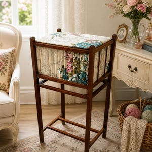 Vintage Sewing Basket Stand Wooden Needlework Storage