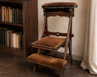 Antique Gothic Revival Prayer Chair Folding Oak Prie Dieu Dark Academia Accent Chair Circa 1890–1915